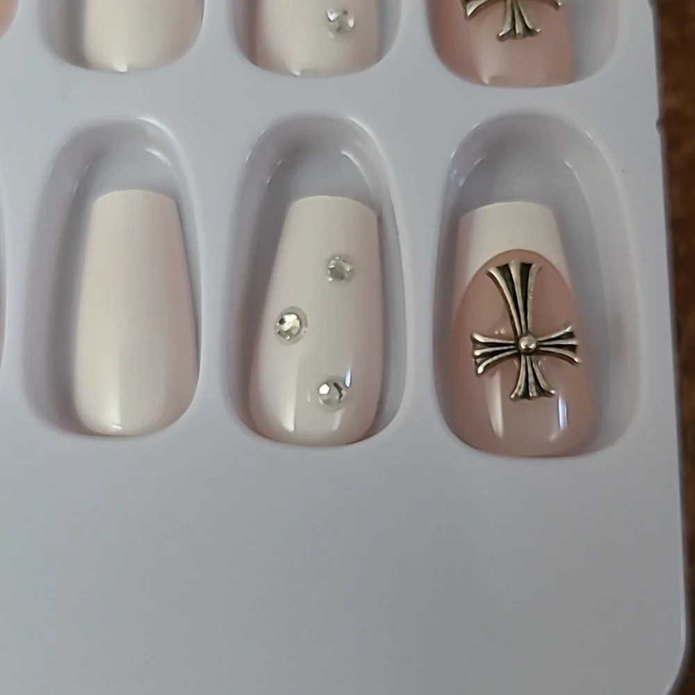 2/$16 Rhinestone Cross French Manicure Press On Nails